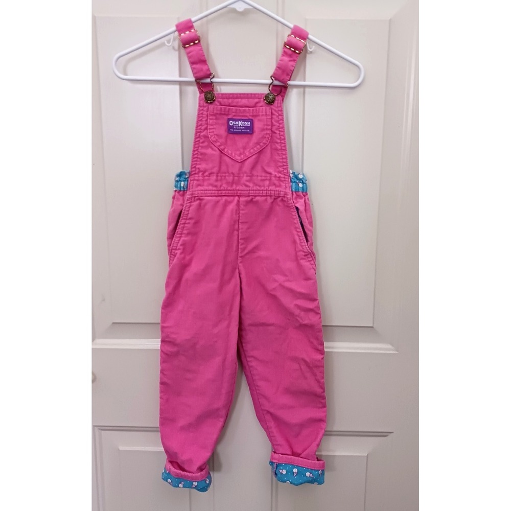 Vintage 80s USA OshKosh B'Gosh Pink Overalls Girls‎ Sz 4 Snowman Corduroy